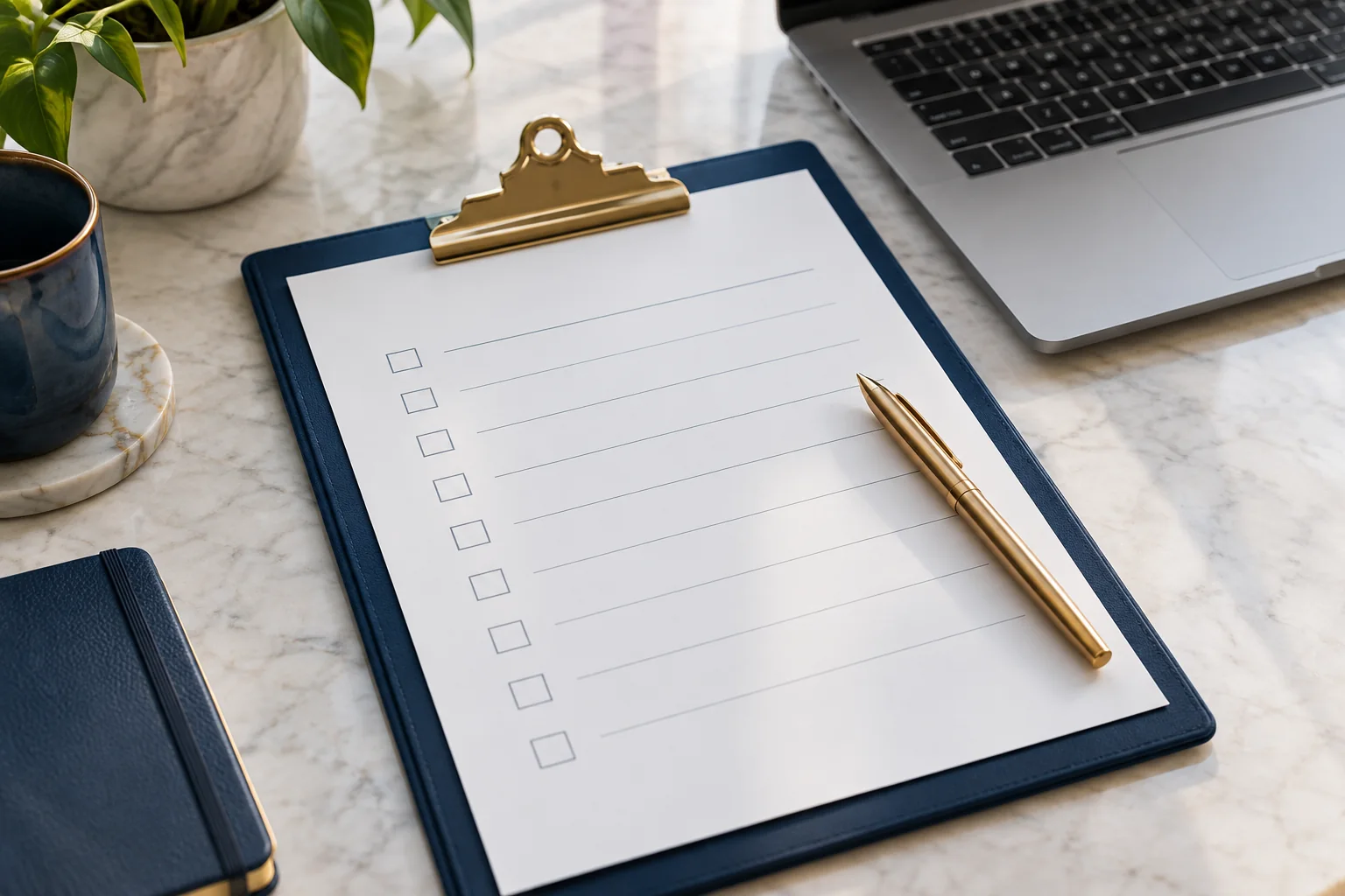 An organized professional desk with a questionnaire, laptop and gold pen