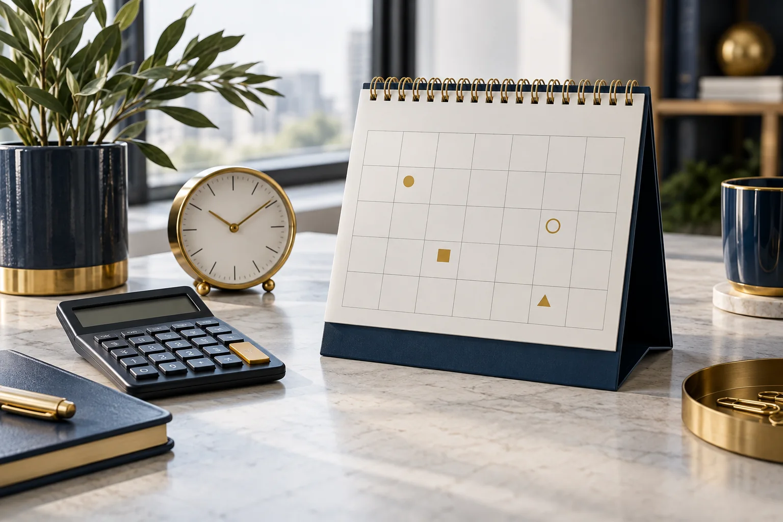 A desk calendar, clock and calculator for reviewing tax filing deadlines